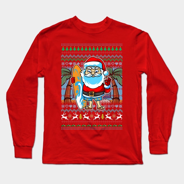 Surfer Santa Claus Surf Ugly Christmas Sweater Pattern Long Sleeve T-Shirt by E